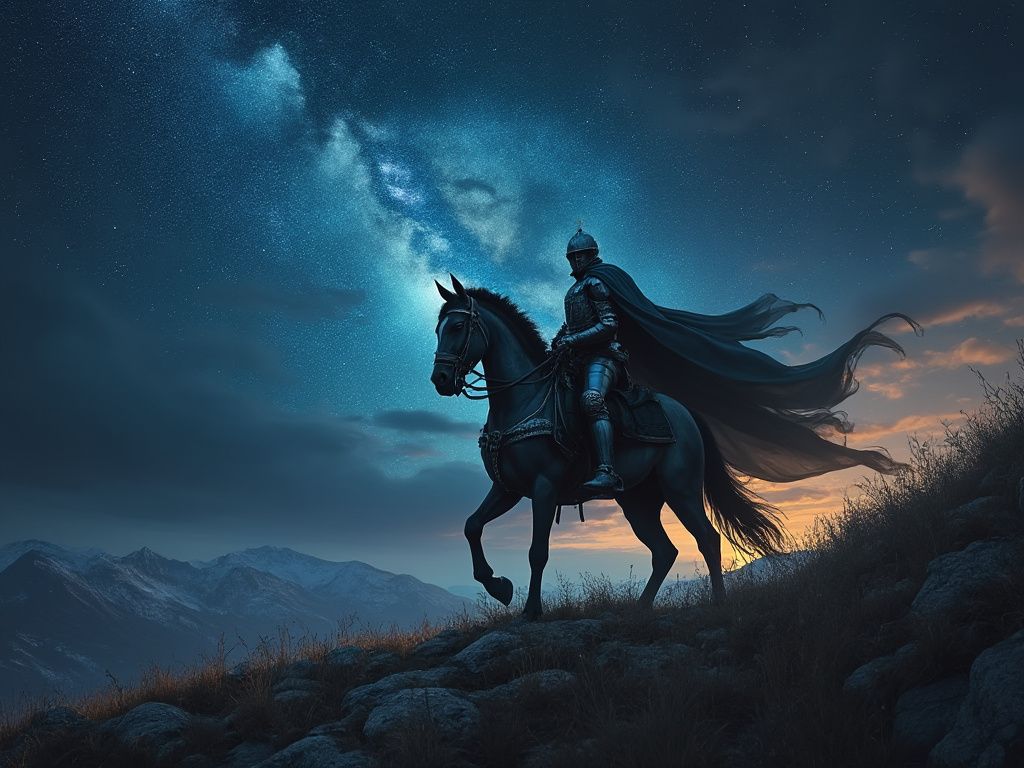 Prompt: a KIGHT AT NIGHT ON A HORSE 