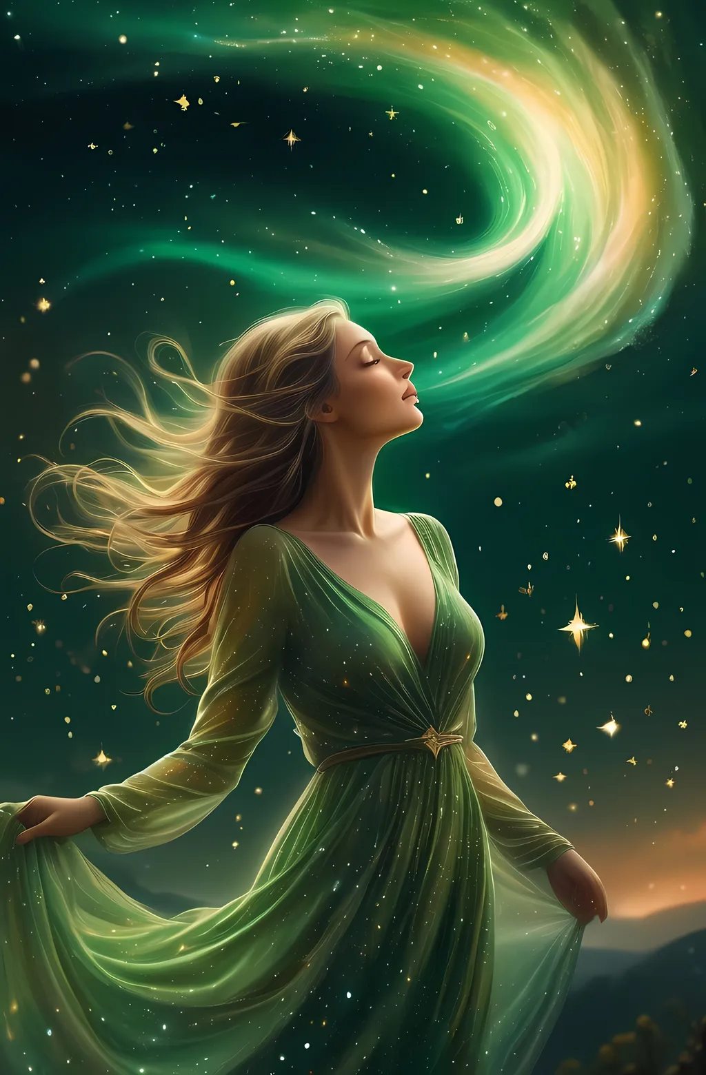 Prompt: (fantasy art) a woman in a flowing (green dress) gazing up at a shimmering sky filled with stars, the (warm color scheme) enriching the scene, (radiant light) illuminating her figure softly, creating a mystical atmosphere. The stars reflect in her eyes as ethereal (holograms) swirl around her, enchanting and dreamlike, capturing the essence of wonder and imagination, ultra-detailed, HD.