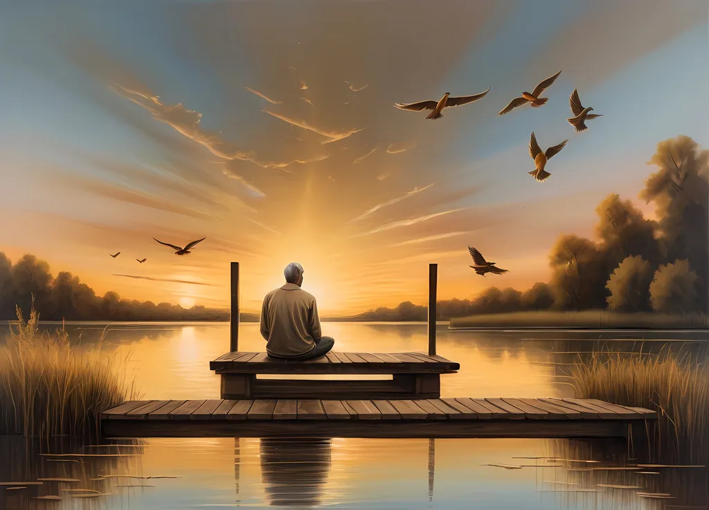 Prompt: Metaphysical painting of a man sitting quietly on a rustic dock in a serene lake at sunset, with warm golden hues splashing across the sky, tranquil atmosphere, birds gracefully soaring overhead, natural reflections in the water, fine art painting style, ultra-detailed, capturing the essence of peace and introspection, harmonious color palette.