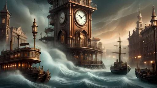 Prompt: (clock tower in a sea of water), (steampunked buildings), steam boats in the background, (fantasy art), intricate details, whimsical design, rich textures, ultra-detailed, (dramatic lighting), vibrant aquatic tones blended with muted browns and coppers, mist swirling around the tower, enchanting atmosphere, (matte painting), high-quality masterpiece, an imaginative surreal scene filled with depth and allure.