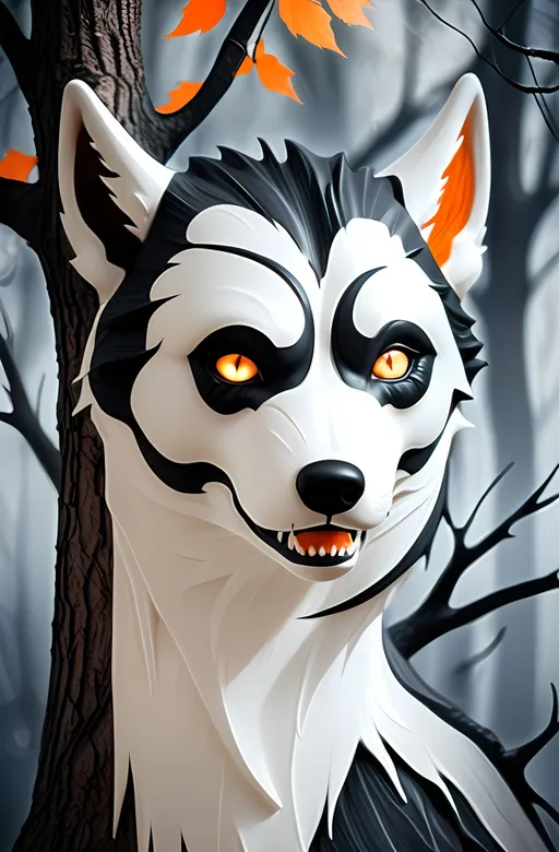 Prompt: (white wolf with orange eyes), (creepy expression), fantasy style, cool color scheme, spooky tree background, gothic art influence, (Anne Stokes inspired), detailed textures, ethereal atmosphere, hauntingly beautiful, mystical ambiance, dramatic lighting, (beholden HD), poster art quality, captivating and eerie elements, high-resolution, immersive and visually striking scene.