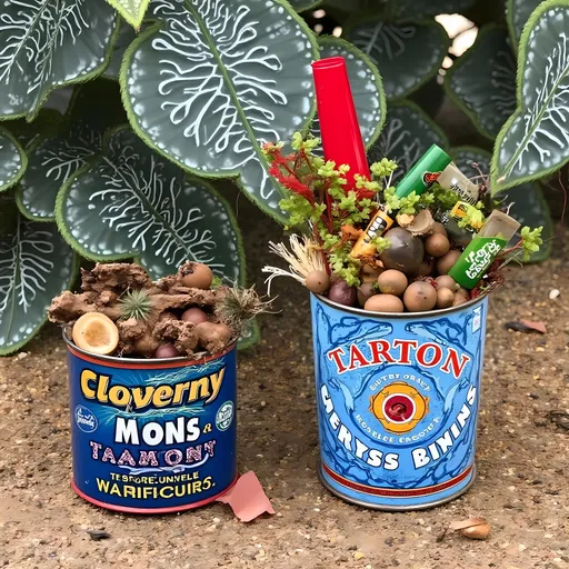 Prompt: made from old tin cans 