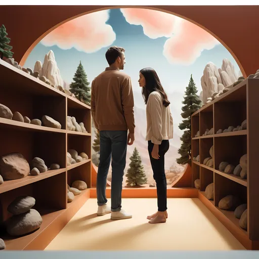 Prompt: (ultra-detailed) interior scene showcasing a (man and woman) standing together, surrounded by intricate shelves filled with (rocks) and (miniature trees), gazing at a captivating (painting of a landscape) on the wall. (Surreal photography) style with vibrant, dreamy colors and soft lighting presents an ethereal atmosphere. Incorporate elements of (Chris LaBrooy's) distinctive environmental art style and the smooth textures typical of (airbrush painting), creating a visually stunning composition.