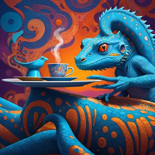 Prompt: Vibrant color scheme, blue lizard holding a cup of tea and a plate with a saucer, psychedelic art style, intricate patterns swirling around, dreamy atmosphere, rich blue background, characterized by vivid color contrasts, abstract shapes, and eccentric forms, inspired by Chris LaBrooy and Dada aesthetics, 4K ultra-detailed character portrait, high-definition surrealism, harmoniously melding fantasy with reality.