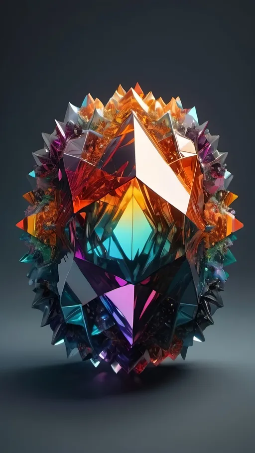 Prompt: Multicolored object, vividly kaleidoscopic hues creating a dazzling effect against two contrasting backgrounds: deep black and subtle gray, designed in the unique style of Beeple, crystal cubism influence with intricate geometry, enhanced by meticulous raytracing for sharp reflections and dreamy highlights, creating a harmonious, dynamic aesthetic. 4K ultra-detailed, showcasing the interplay of light and form beautifully.