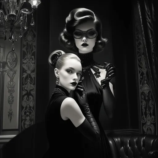 Prompt: A woman adorned in a black dress and gloves stands at the center, surrounded by the opulence of a luxurious room. Chandeliers and wall lamps illuminate the space, reflecting the art deco style. Her elegant posture embodies freedom of expression, while dramatic lighting casts rich shadows around her, highlighting intricate details and patterns reminiscent of J.C. Leyendecker's work. The scene is framed like a comic book panel, with vibrant color contrasts and a highly detailed 8K ultra-resolution that contributes to a cinematic ambiance, alluding to Hubert de Givenchy's influence.