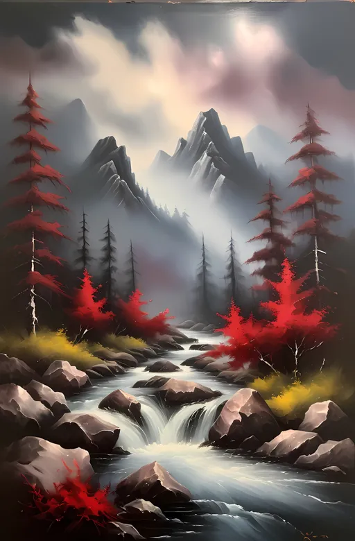 Prompt: (fantasy style) painting of a mountain stream, dark color scheme, vibrant red trees, rugged rocks in the foreground, turbulent cloudy sky, (highly detailed), (oil painting), inspired by Bob Ross, atmospheric mood, soft yet dynamic brush strokes, tranquil scenery, painterly texture, immersive depth, natural beauty, (airbrush painting), ultra-detailed, magical realism.