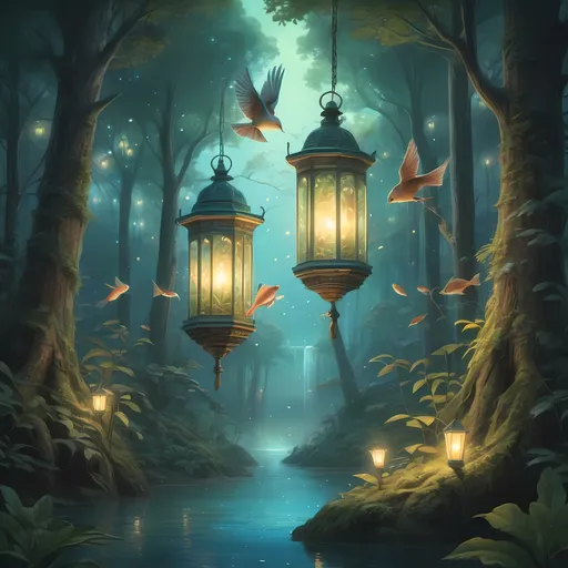 Prompt: A captivating scene featuring a bird and fish together in a lush forest, surrounded by towering trees and ethereal lanterns illuminating the surroundings. An enchanting lantern floats gently in the sky above. Painted in a realism style with a soft pastel color scheme, this highly detailed digital artwork embraces fantasy art elements, inspired by Chris LaBrooy, rendered as an exquisite oil painting, perfect for evoking a dreamy atmosphere.