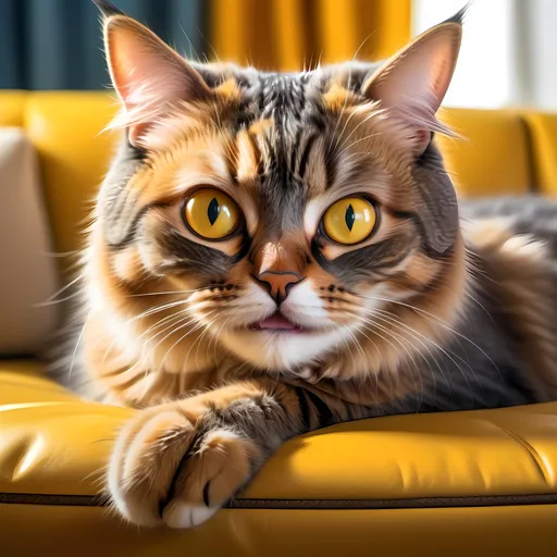 Prompt: (zany cat), bright yellow eyes, crazed expression, lounging on a cozy couch, directly looking at the camera, vibrant colors, (superflat style), playful and humorous atmosphere, high-quality animal photography, stock photo, engaging and quirky composition, detailed texture of the couch, soft warm lighting for a friendly feel, ultra-detailed 4K image.