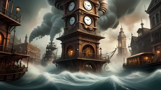 Prompt: (clock tower in a sea of water), (steampunked buildings), steam boats in the background, (fantasy art), intricate details, whimsical design, rich textures, ultra-detailed, (dramatic lighting), vibrant aquatic tones blended with muted browns and coppers, mist swirling around the tower, enchanting atmosphere, (matte painting), high-quality masterpiece, an imaginative surreal scene filled with depth and allure.