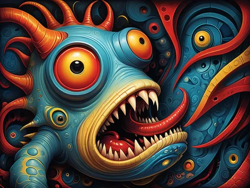 Prompt: (cartoon monster with a large mouth and a smaller mouth), (surrealism style), in the vibrant color scheme of bold blues, fiery reds, and sunny yellows, intricate textures, influenced by Brian Despain, infused with pop surrealism and Lovecraftian elements, (ultrafine details), creative, whimsical, dreamlike ambiance, enchanting background, rich in imaginative forms, highly detailed, (masterpiece).