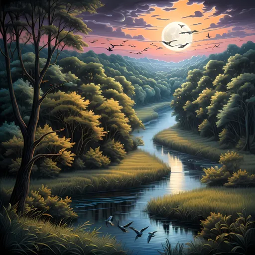 Prompt: Realistic painting of a serene river surrounded by lush trees, birds gently flying above at sunset, golden and soft pastel hues blending with deep twilight skies featuring a bright full moon, masterful Dan Mumford style, highly detailed oil painting with airbrush techniques, capturing the tranquil and enchanting atmosphere, ultra-detailed, breathtaking lighting, evocative of naive art, artful tranquility.