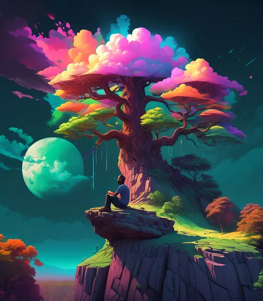 Prompt: A (vibrant) man sitting on top of a cliff, next to a majestic tree, overlooking a lush forest, under a (colorful) sky filled with dynamic clouds, (psychedelic art) style inspired by Android Jones and Liam Brazier, surreal and imaginative elements, (poster art) aesthetic, enchanting and captivating atmosphere, (highly detailed, 4K) resolution, enchanting colors and dreamlike reflections throughout the landscape.