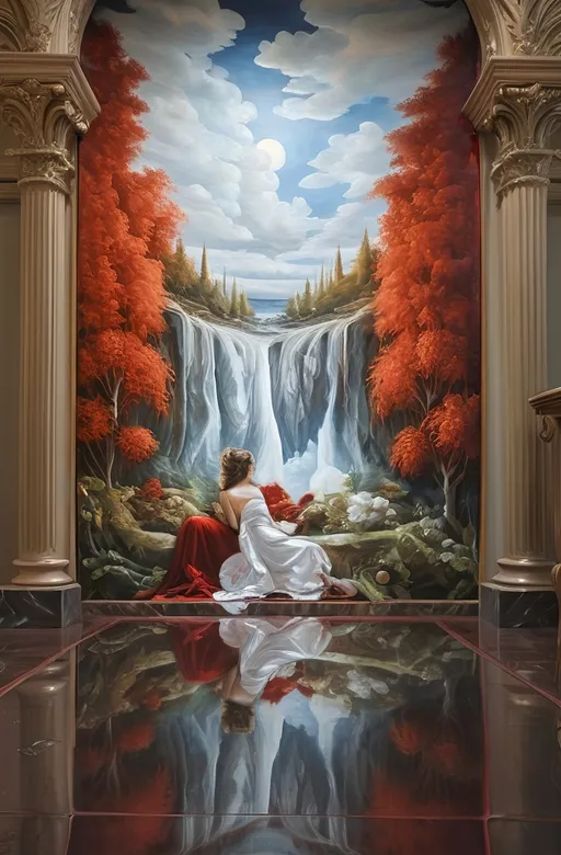 Prompt: a woman in a red dress sitting on a bed with a mirror behind her and a painting of a woman in a red dress, Elina Karimova, fantasy art, extremely detailed oil painting, a photorealistic painting