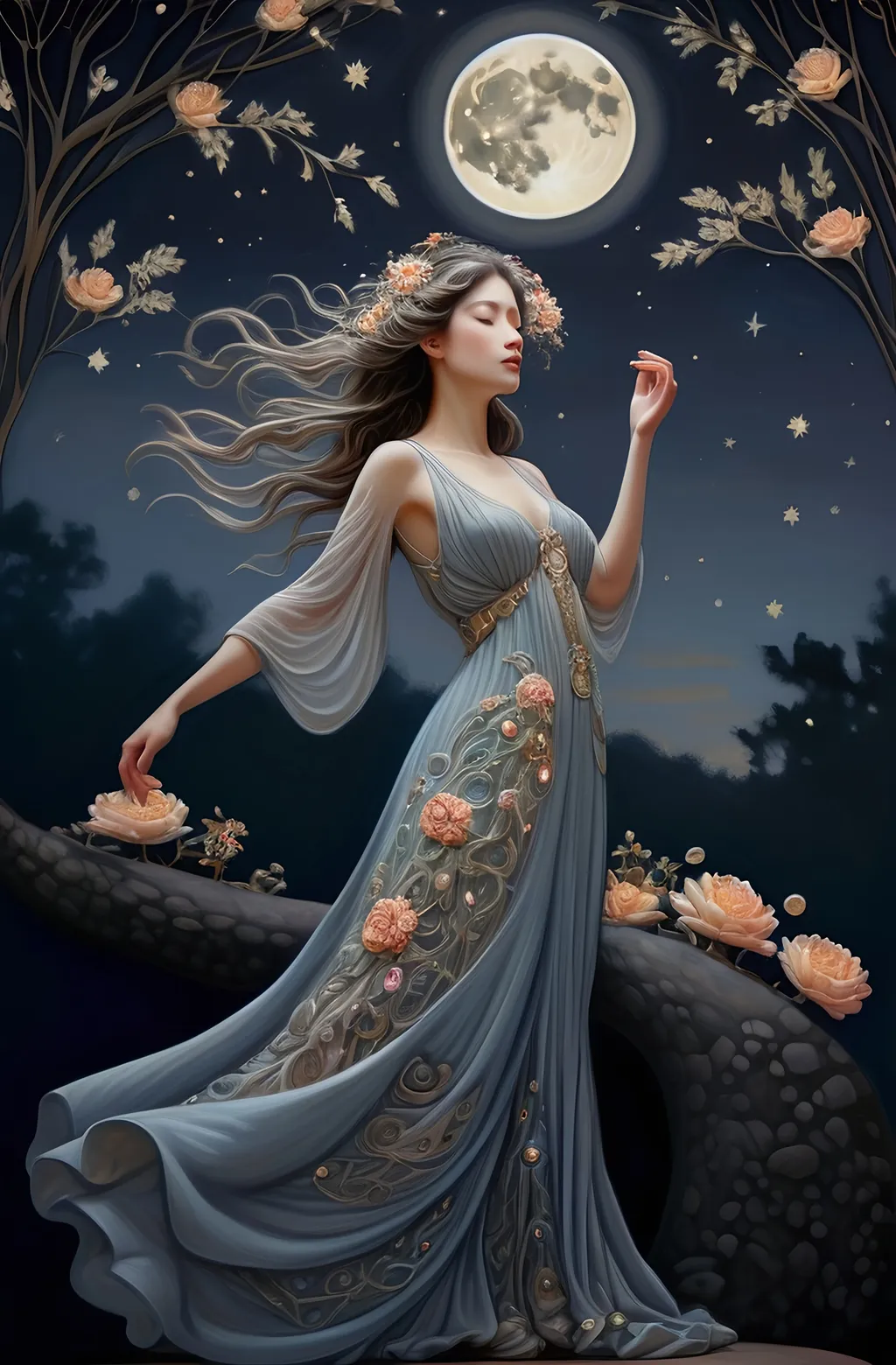 Prompt: (photorealistic painting), a woman in a (flowing dress adorned with intricate flowers), standing gracefully under a (full moon), surrounded by twinkling stars, inspired by (Art Nouveau aesthetics), showcasing detailed textile embroidery, the moon illuminating her figure, creating a (dreamy, whimsical) ambiance, rich color tones highlighting the night sky, ultra-detailed textures capturing elegance and beauty.