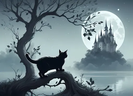 Prompt: a cat sitting on a tree branch with leaves in the background and a castle in the distance with a full moon in the sky, Cyril Rolando, fantasy art, highly detailed digital painting, a detailed painting