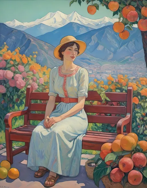 Prompt: (Artistic masterpiece) painting of a woman sitting on a bench, surrounded by vibrant flowers and colorful fruits in the background, majestic mountains looming in the distance, (Cuno Amiet inspired), colors are joyful and rich, emphasizing the beauty of nature, (synthetism style), studio portrait setting, ultra-detailed, captivating ambiance full of charm and serenity.