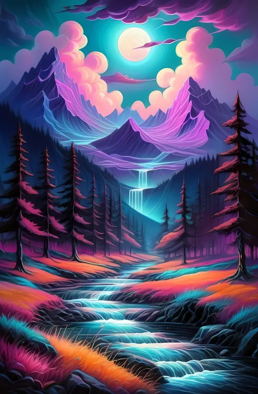 Prompt: (futuristic-vaporwave mountain landscape painting), (vibrant color scheme), dramatic clouds, radiant moonlight, gentle stream running through the center, influenced by Dan Mumford, fantasy art style, warm glowing hues, silk smooth brush strokes, rich depth, atmospheric fantasy, (oil painting), enchanting ambiance, high detail, ultra-detailed HD.