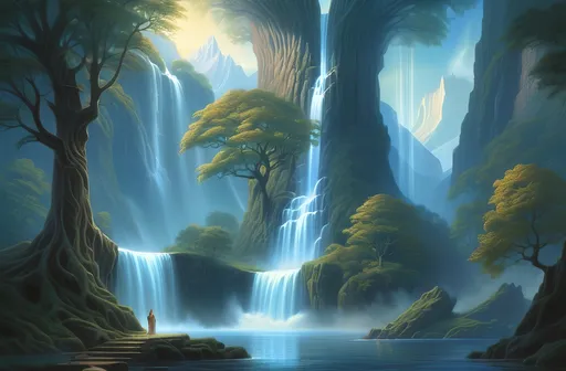 Prompt: Fantasy scene with a majestic waterfall cascading gracefully, a mystical portal at its heart, a grand tree rising in the center, enchanting atmosphere, vibrant colors blending smoothly, intricate details, inspired by the style of Christophe Vacher, ultra-detailed matte painting, captivating fantasy art, dreamlike ambiance, ethereal lighting, inviting one to explore a magical realm beyond.