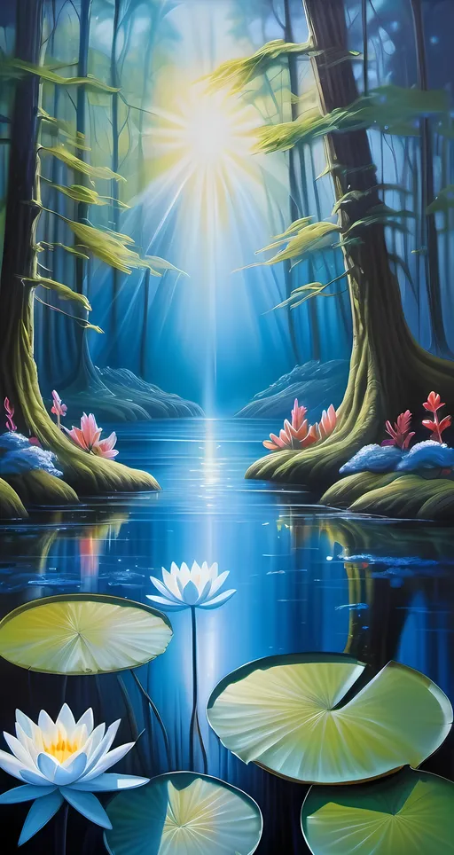 Prompt: (realism style), vibrant color scheme, (oil painting), enchanting blue forest, delicate flowers and water lilies in the foreground, radiant sunbeam filtering through the trees above, magical ambiance, serene atmosphere, magical fantasy elements, inspired by Anne Stokes, captivating ocean view melding harmoniously with the landscape, highly detailed, ultra-detailed, cinematic depth, inviting and vibrant scene.