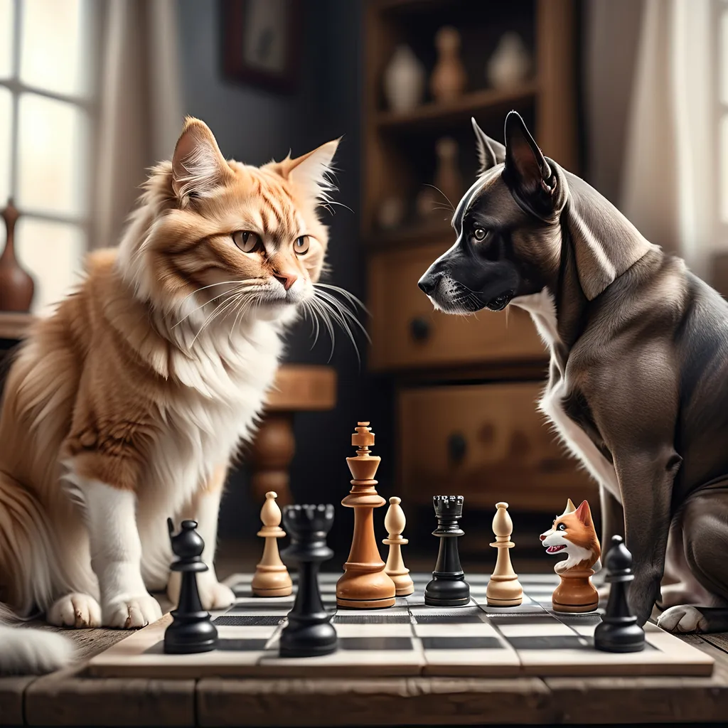 Prompt: a dog and a cat playing chess together on a table with a dog looking at it in the background, Artur Tarnowski, art photography, animal photography, a stock photo