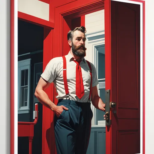 Prompt: A man with a beard in a striking red suspender stands confidently in a doorway, framed by a vivid red and white entrance. The scene embodies the essence of American realism, drawing inspiration from Edward Hopper's cinematic style and James Gilleard's artistic flair. Captured as a captivating poster art piece, the composition showcases sharp details, high contrast lighting, and a nostalgic ambiance, evoking a sense of intrigue and reflection.