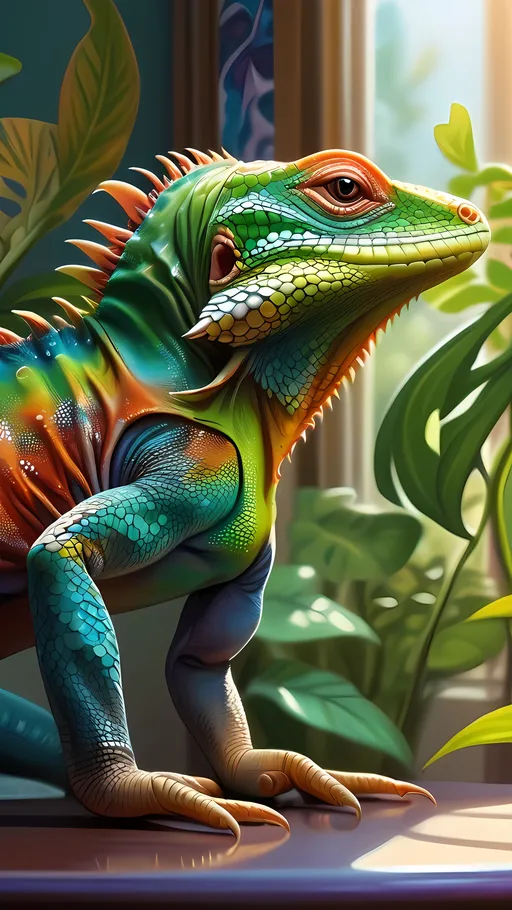 Prompt: (colorful lizard), sitting on a table, in front of a (sunlit window), lush green plant behind it, vibrant colors, intricate scales, (highly detailed), photorealistic style, (digital painting), depth and texture, soft natural light streaming through the window, creating an inviting ambiance, (ultra-detailed).