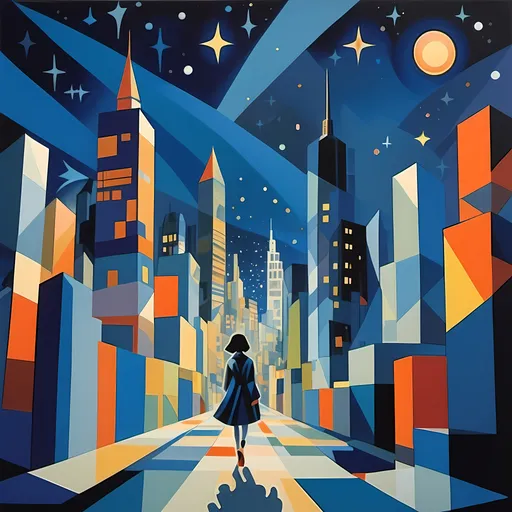 Prompt: (painting of a person walking at night), (city skyline in the background), (starry sky overhead), (Chiho Aoshima inspired), (modular constructivism), gouache, (detailed brushwork), (cubist style), vibrant color contrasts, (atmosphere of solitude and reflection), dynamic geometric shapes, expressive forms, deep blues and warm city lights, HD ultra-detailed masterpiece.