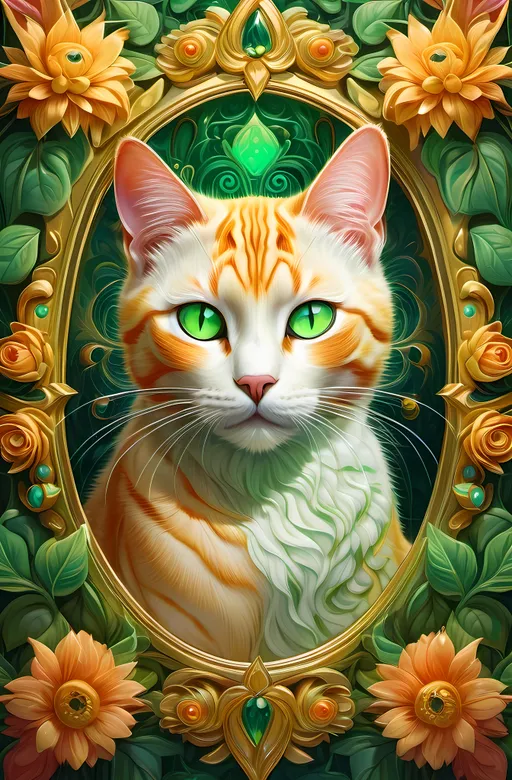 Prompt: A mesmerizing depiction of a cat with captivating green eyes, encased within a luxurious gold frame, surrounded by a vibrant array of flowers. The artwork reflects the intricate style of Android Jones, blending fantasy elements into a fantasy art scene. Rendered as a highly detailed digital painting, expect stunning resolution, capturing every nuance and texture of both the feline and floral surroundings.