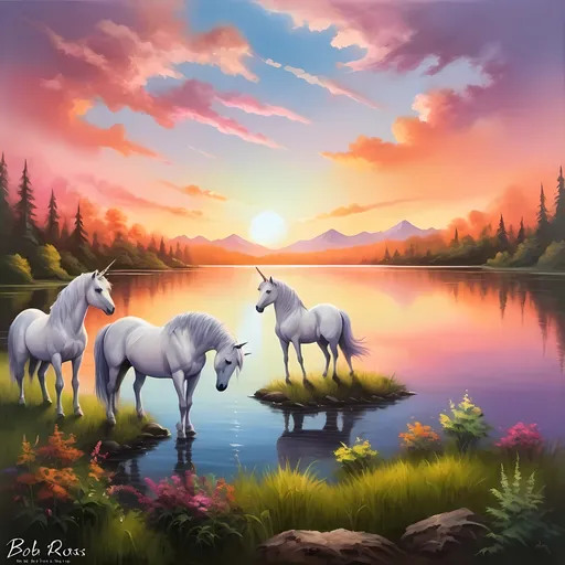 Prompt: (impressionist painting), serene lake, enchanting unicorn, vibrant sunset, (Bob Ross) style, lush greenery, trees with varied foliage, colorful flowers, dreamy clouds drifting, tranquil ambiance, soft brush strokes, nature's colors, (highly detailed), artistic masterpiece, artistic movement elements, peaceful atmosphere, harmonious landscape, impressionistic charm.