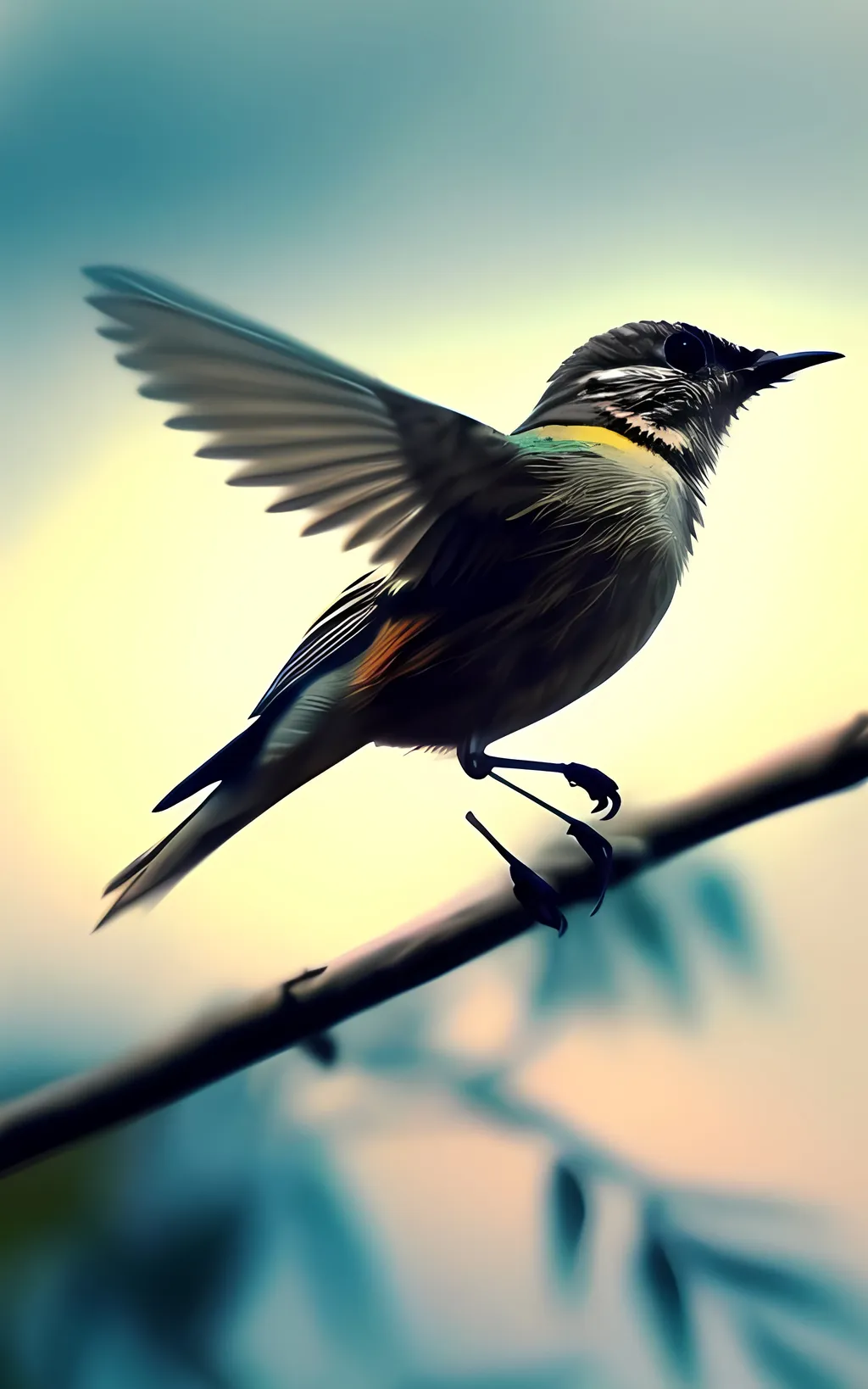 Prompt: A tiny bird on morning's wing,
Sings sweet notes, a fleeting thing.
In the sky, it twirls and dives,
Chasing dreams, where hope survives.
Yet time will whisper, soft and light,
Life's brief song, a fleeting flight.
