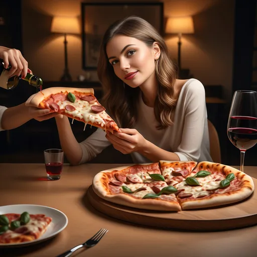 Prompt: photorealistic, (food photography) style, warm color scheme, a woman enjoying a slice of pizza, elegant table setting, two glasses of wine, inviting ambiance, delicious pizza centerpiece, (high quality), professional composition, casual dining atmosphere, sensorily rich visual feast, (Elena Guro's) mannerisms reflected, (stock photo) quality, harmonious colors.