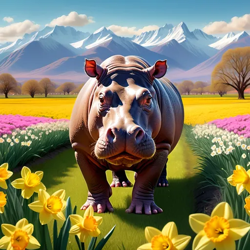 Prompt: (hippo standing in a vibrant field of flowers), (majestic mountains in the background), (few bright daffodils scattered), (fantastic realism), (hyper-realistic artwork), (ultra-detailed matte painting), warm sunlit colors, lush greenery, detailed textures on hippo's skin, enchanting atmosphere, inspiring peaceful vibe, high resolution, rich depth in scenery.