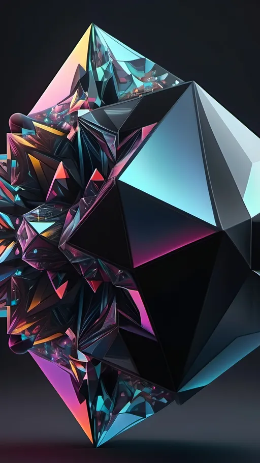 Prompt: Multicolored object, vividly kaleidoscopic hues creating a dazzling effect against two contrasting backgrounds: deep black and subtle gray, designed in the unique style of Beeple, crystal cubism influence with intricate geometry, enhanced by meticulous raytracing for sharp reflections and dreamy highlights, creating a harmonious, dynamic aesthetic. 4K ultra-detailed, showcasing the interplay of light and form beautifully.