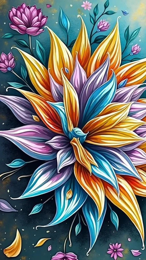 Prompt: (colorful flower), (psychedelic art), vibrant petals scattered whimsically, radiant hues blending in chaos, ultra-detailed digital art, airy and dreamy ambiance, suitable for a vivid visual experience, airbrush painting style, rich textures, unique shapes emerging from the design, high definition, captivating and lively atmosphere.