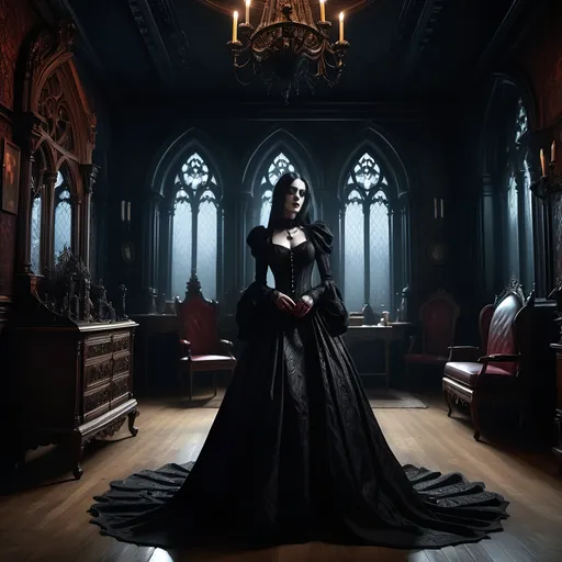 Prompt: Photorealistic, photo-film noir style, high contrast shadows, rich dark colors, a gothic-themed woman in an elaborate gothic-inspired dress, standing in a richly decorated gothic room, adorned with ornate gothic furniture, inspired by Anne Stokes' artwork, evocative atmosphere, moody lighting, haunting yet dramatic composition, character portrait, ultra-detailed and immersive scene, capturing the essence of gothic aesthetics.