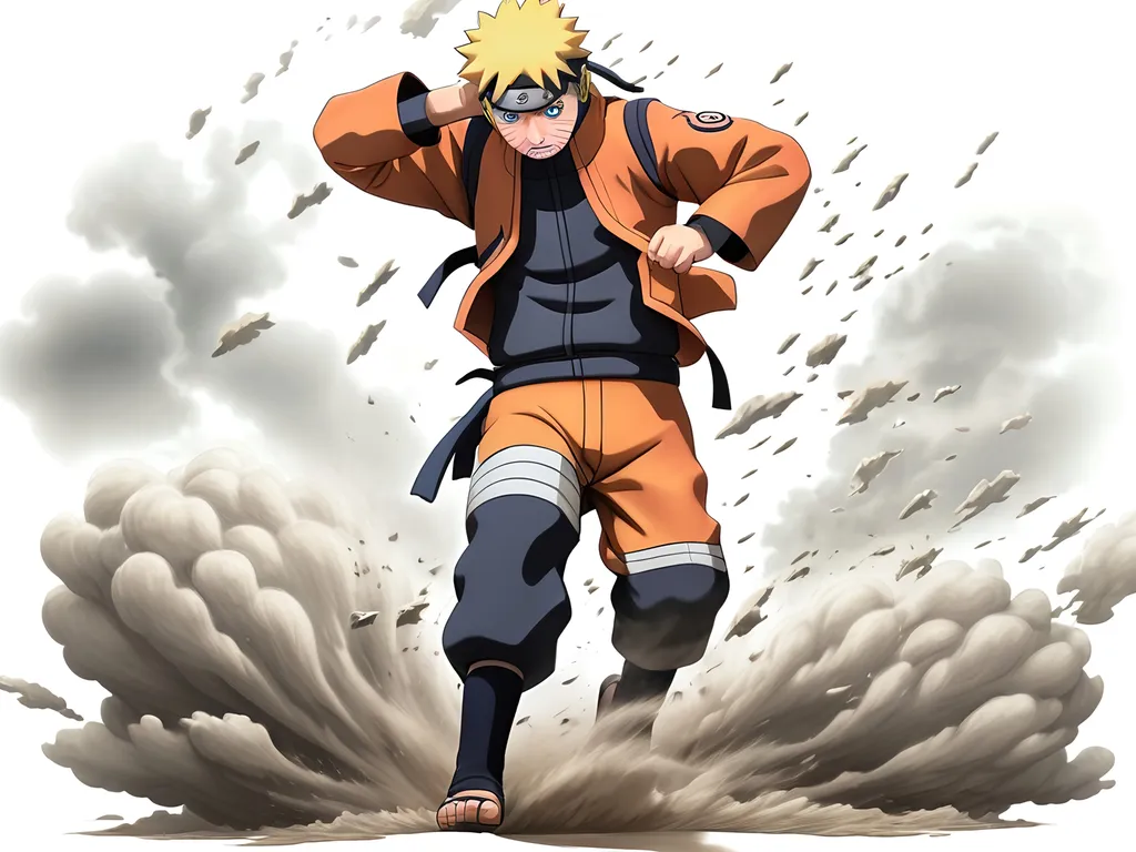 Prompt: Naruto's tragic disappearance, emotion-laden moment captured, intense battle scene, surrounded by swirling dust and debris, dark stormy skies above, ominous atmosphere, dramatic lighting illuminating scars from battle, deep shadows, tension-filled serenity, haunting stillness in the aftermath, high detail, cinematic quality, evoking feelings of loss and despair.