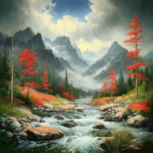 Prompt: (hyper-detailed oil painting), a tranquil mountain stream, vibrant red trees in the foreground, textured rocks, a dramatic cloudy sky above, inspired by Bob Ross, enchanting color palette, rich depth, fantasy art style, enchanting atmosphere, captivating composition, vivid nature elements, ultra-detailed scenery, masterpiece quality, immersive landscape.