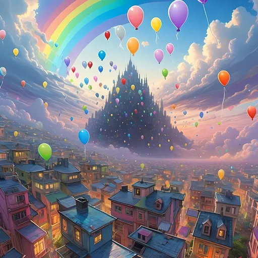 Prompt: A vibrant painting of a whimsical cityscape, dotted with a multitude of colorful balloons soaring above grand, stylized buildings. A stunning rainbow arcs across a surreal, fantasy sky, drenched in a dreamlike ambiance, with luminous colors and soft gradients. Captured in the highly detailed style of Android Jones, this is a masterpiece of fantasy art showcasing impeccable digital artistry, resulting in an ultra-detailed, breathtaking matte painting.