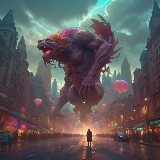 Prompt: (undefined text "concept") person standing on a bustling street, (mysterious ambiance), a massive, menacing monster hovering above, (fantasy art), (CGI style), dynamic and vibrant atmosphere, vivid colors, detailed city backdrop, immersive depth, (Chris LaBrooy aesthetics), seamless blend of reality and fantasy, (highly detailed, 4K quality).