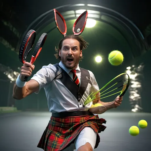 Prompt: A dynamic scene featuring a man in a kilt energetically running, grasping a tennis racket in one hand and a tennis ball in the other, embodying the spirit of play. Stylish, vibrant colors with high contrast create an energetic ambiance. Rendered in digital format by Weta Digital, with precise details highlighting the kilt's texture, athletic posture, and motion realism. Inspired by David Begbie's sumatraism style, this image promises stunning depth and vibrancy in a cinematic 4K quality.