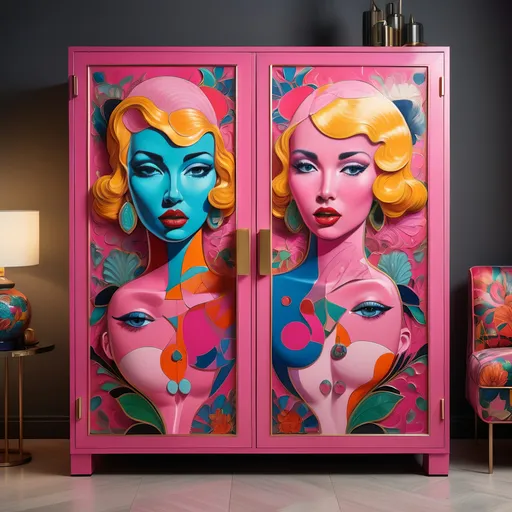 Prompt: Pink cabinet adorned with a vibrant pop art painting of two women’s faces, complemented by a stylish lamp nearby, intricately designed, Android Jones inspired style, cloisonnism, ultra-detailed, high-definition digital painting, rich textures, and bold colors, creating a lively and dynamic ambiance, with strong contrasts and striking patterns throughout the composition.