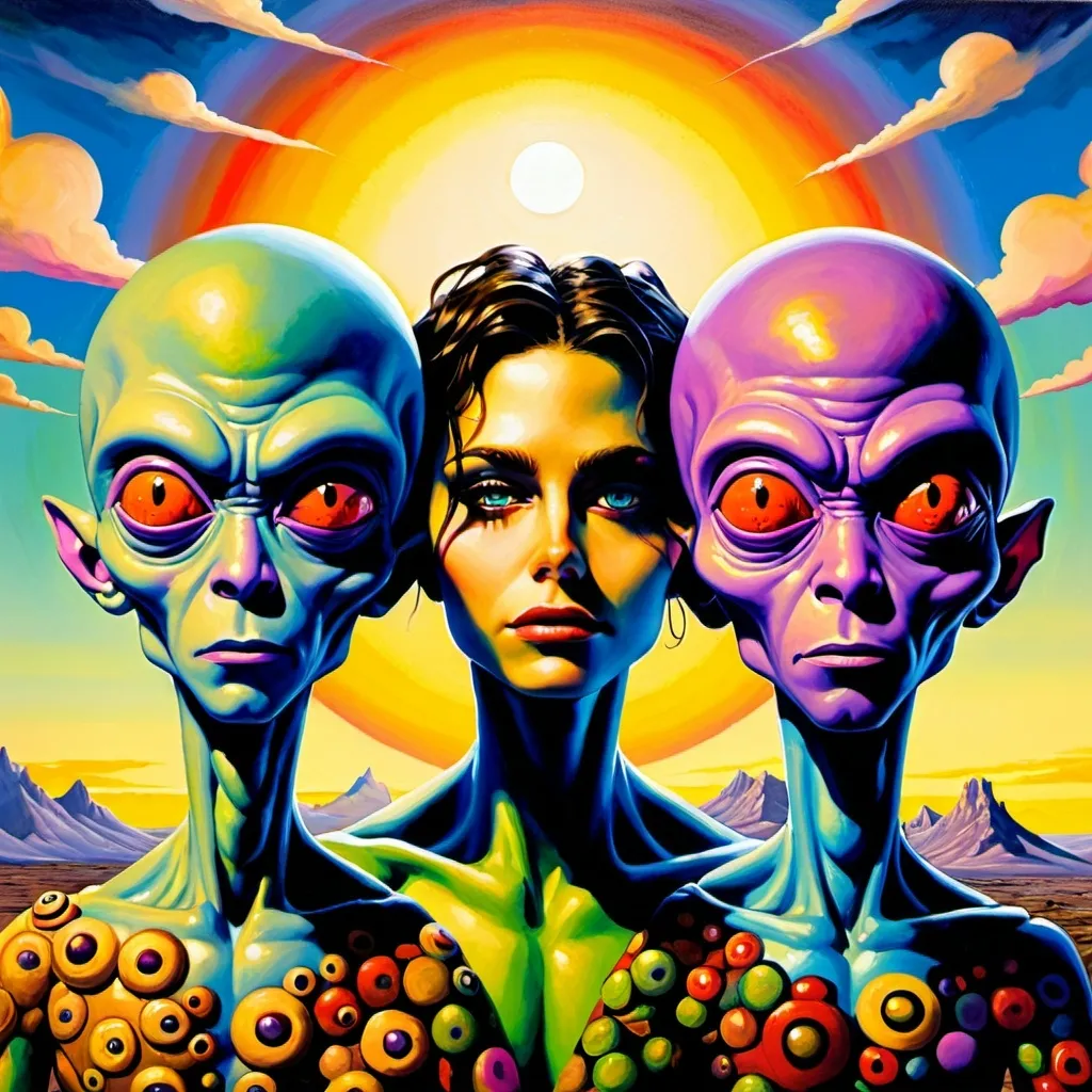 Prompt: a painting of three alien men standing in front of a colorful sky with clouds and a sun in the background, Aaron Jasinski, pop surrealism, biopunk, a fine art painting