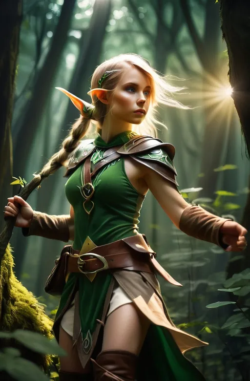 Prompt: Elf ranger in a mystical forest around sunlight