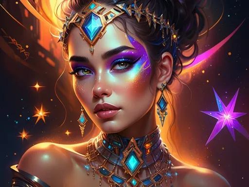 Prompt: digital painting of a woman adorned with vibrant (bright makeup) and intricate jewelry on her face and chest, enchanting background of shimmering stars, warm color scheme, (Artgerm style), fantasy art, (highly detailed), atmospheric vibe, captivating ambiance, (cyberpunk elements), dynamic shapes and patterns, elegant and modern, 4K, ultra-detailed masterpiece.