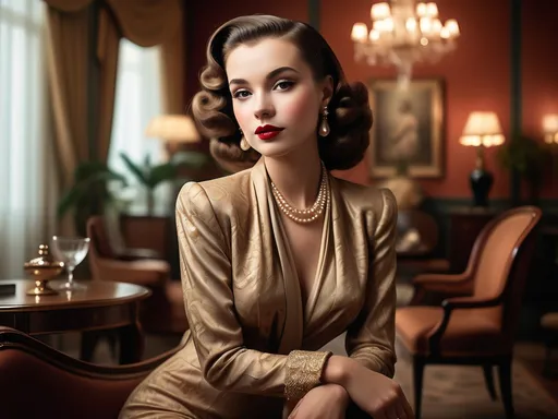 Prompt: (neoclassical style club), woman dressed in high fashion from the 1940s, elegant poses and expressions, intricate details of clothing and accessories, luxurious interior furnishings, rich color tones with warm lighting, ambient atmosphere evoking nostalgia and glamour, ultra-detailed, high-quality, capturing the sophistication of the era with soft focus on the elegant background.