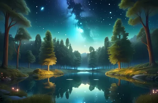 Prompt: (dreamlike landscape), vibrant forest, reflective lake, serene pond, twinkling stars in the night sky, (ultra-detailed) matte painting, inspired by Chris LaBrooy, whimsical atmosphere, rich colors with deep blues and greens, (immersive) celestial elements, peaceful and enchanting ambiance, high-quality artwork, soft ethereal lighting.