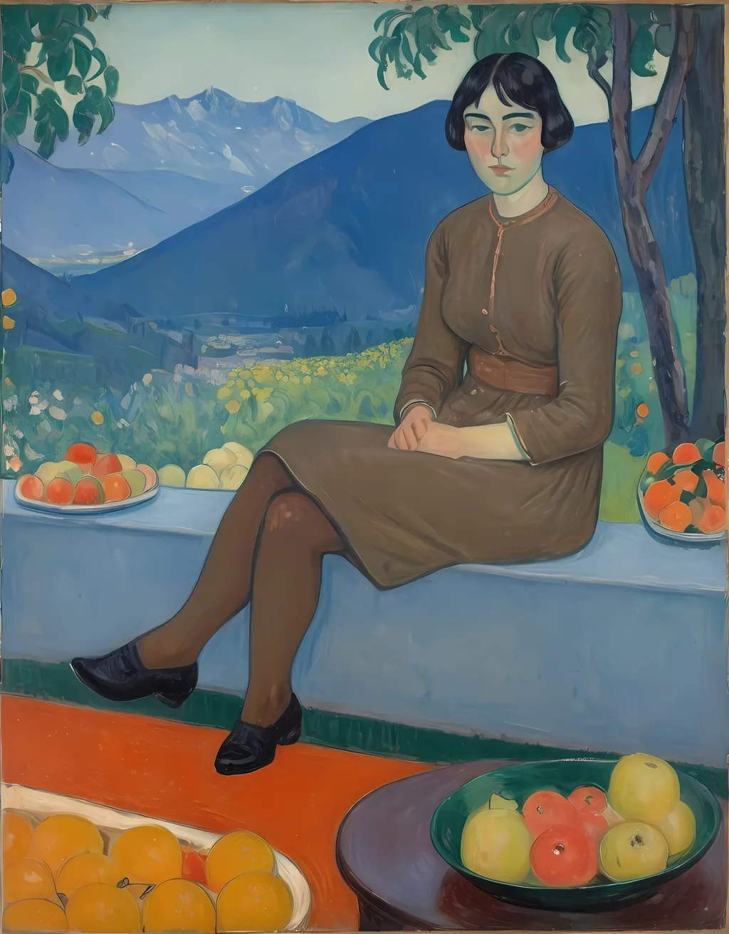 Prompt: a painting of a woman sitting on a bench with fruit and flowers in the background and a mountain in the background, Cuno Amiet, synthetism, studio portrait, a painting