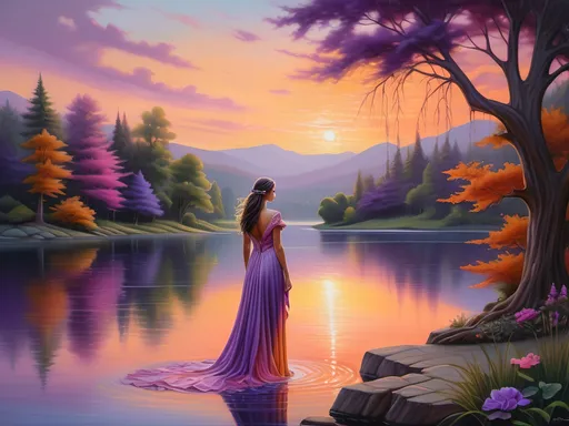 Prompt: (colored sunset), (fine art painting), woman in a flowing dress, standing gracefully by a serene lake, surrounded by lush trees, illuminated by hues of orange, pink, and purple, whimsical atmosphere, detailed brushwork, inviting reflections on water, inspired by Anne Stokes and Thomas Kinkade, enchanting and mystical quality, high definition, beautifully composed and artistically balanced.