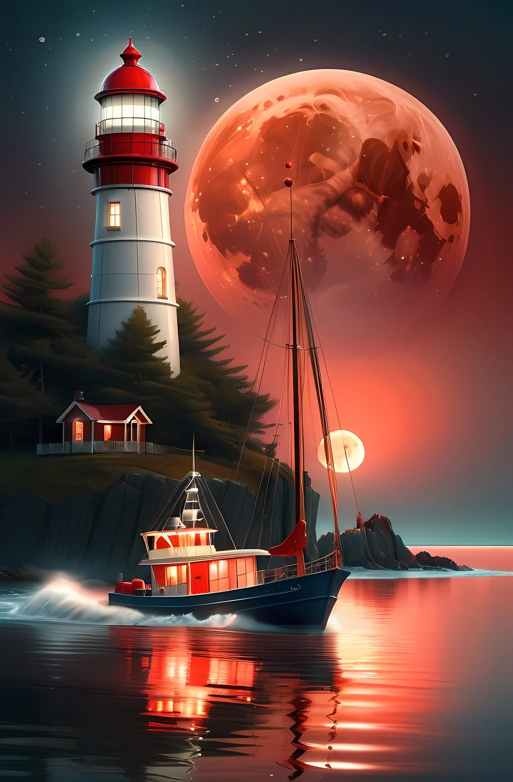 Prompt: photorealistic, a stunning boat gracefully floating in a tranquil body of water, striking red moon illuminating the scene, a majestic lighthouse standing tall on the shore, warm hues enveloping the environment, enchanting atmosphere, infused with a touch of magic, highly detailed digital painting in the style of Chris LaBrooy, masterpiece quality, capturing the essence of magical realism.